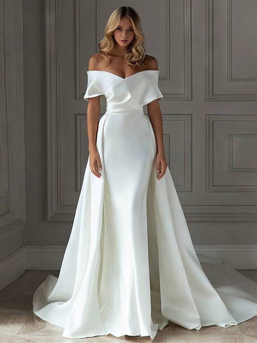 Robe Sirène Blanche Épaules Dénudées Traîne Amovible Satin Mariage Robe Sirène Blanche Épaules Dénudées Traîne Amovible Satin Mariage image 1