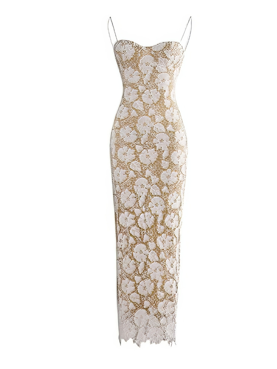 Robe Sirène Blanche Motifs Floraux Bretelles Fines Coupe Moulante Robe Sirène Blanche Motifs Floraux Bretelles Fines Coupe Moulante image 3
