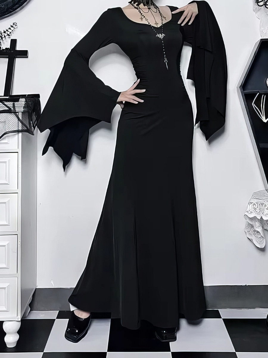 Robe Sirène Gothique Longue Noire Manches Chauve-Souris Dramatiques Robe Sirène Gothique Longue Noire Manches Chauve-Souris Dramatiques image 1