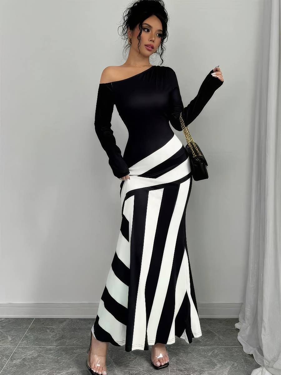 Robe Sirène Longue Noir Et Blanc Asymétrique Col Bateau Manches Longues Robe Sirène Longue Noir Et Blanc Asymétrique Col Bateau Manches Longues image 1