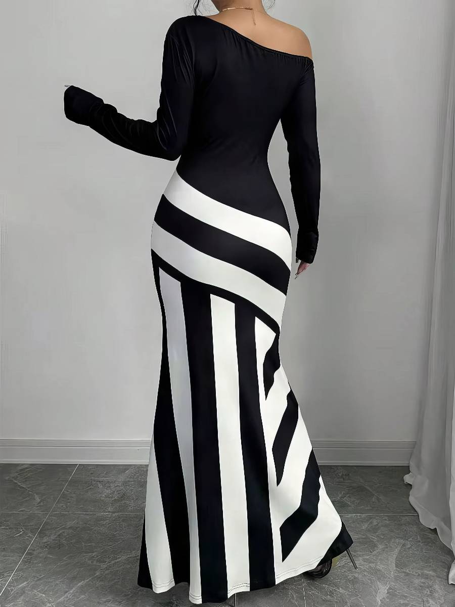 Robe Sirène Longue Noir Et Blanc Asymétrique Col Bateau Manches Longues Robe Sirène Longue Noir Et Blanc Asymétrique Col Bateau Manches Longues image 4