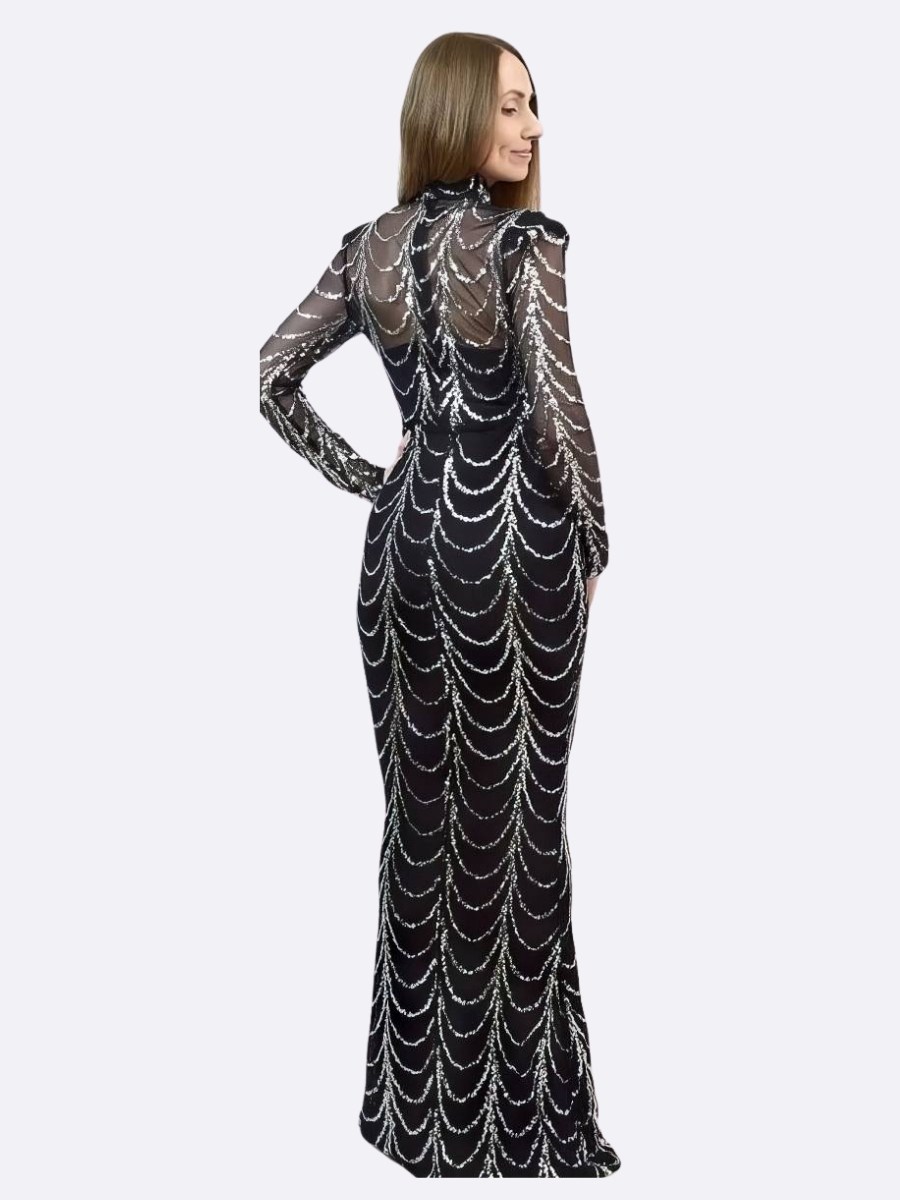 Robe Sirène Longue Noire Perlée Manches Longues Transparentes Motifs Chaînes Scintillantes Robe Sirène Longue Noire Perlée Manches Longues Transparentes Motifs Chaînes Scintillantes image 1
