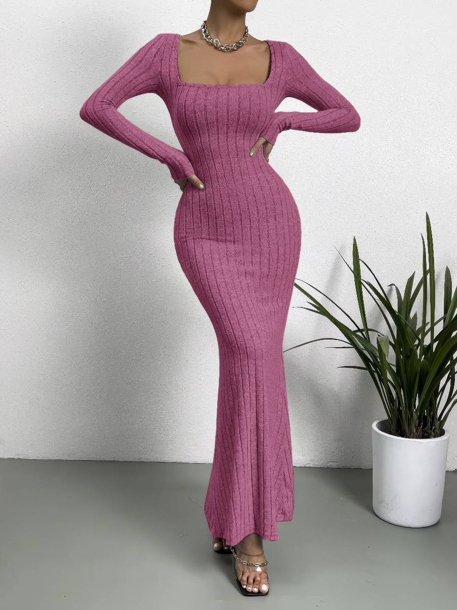Robe Sirène Longue Rose Tricotée Manches Longues Col Carré Robe Sirène Longue Rose Tricotée Manches Longues Col Carré image 1