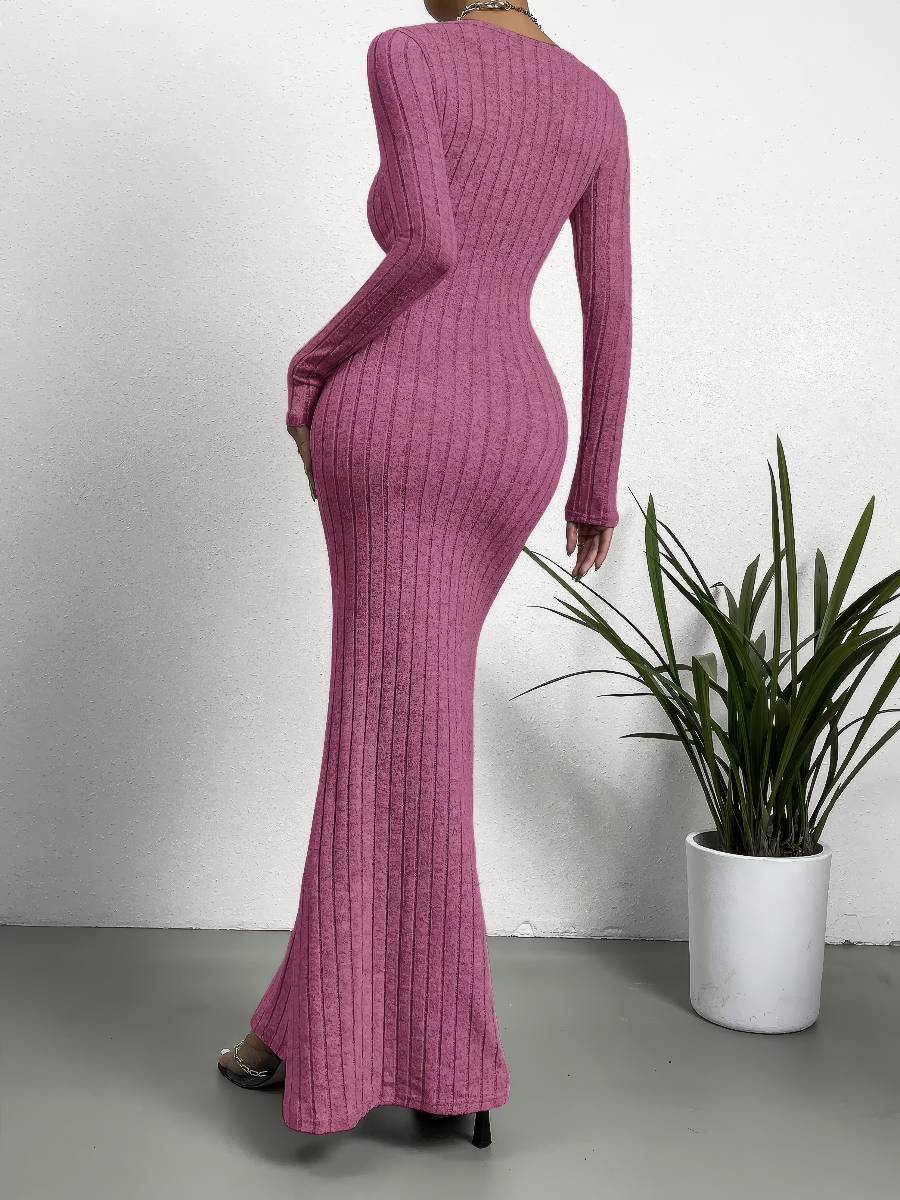 Robe Sirène Longue Rose Tricotée Manches Longues Col Carré Robe Sirène Longue Rose Tricotée Manches Longues Col Carré image 3
