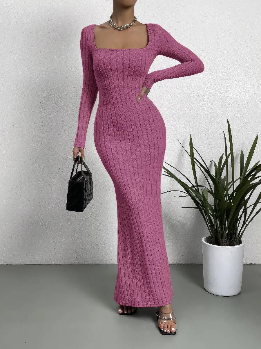 Robe Sirène Longue Rose Tricotée Manches Longues Col Carré Robe Sirène Longue Rose Tricotée Manches Longues Col Carré image 4