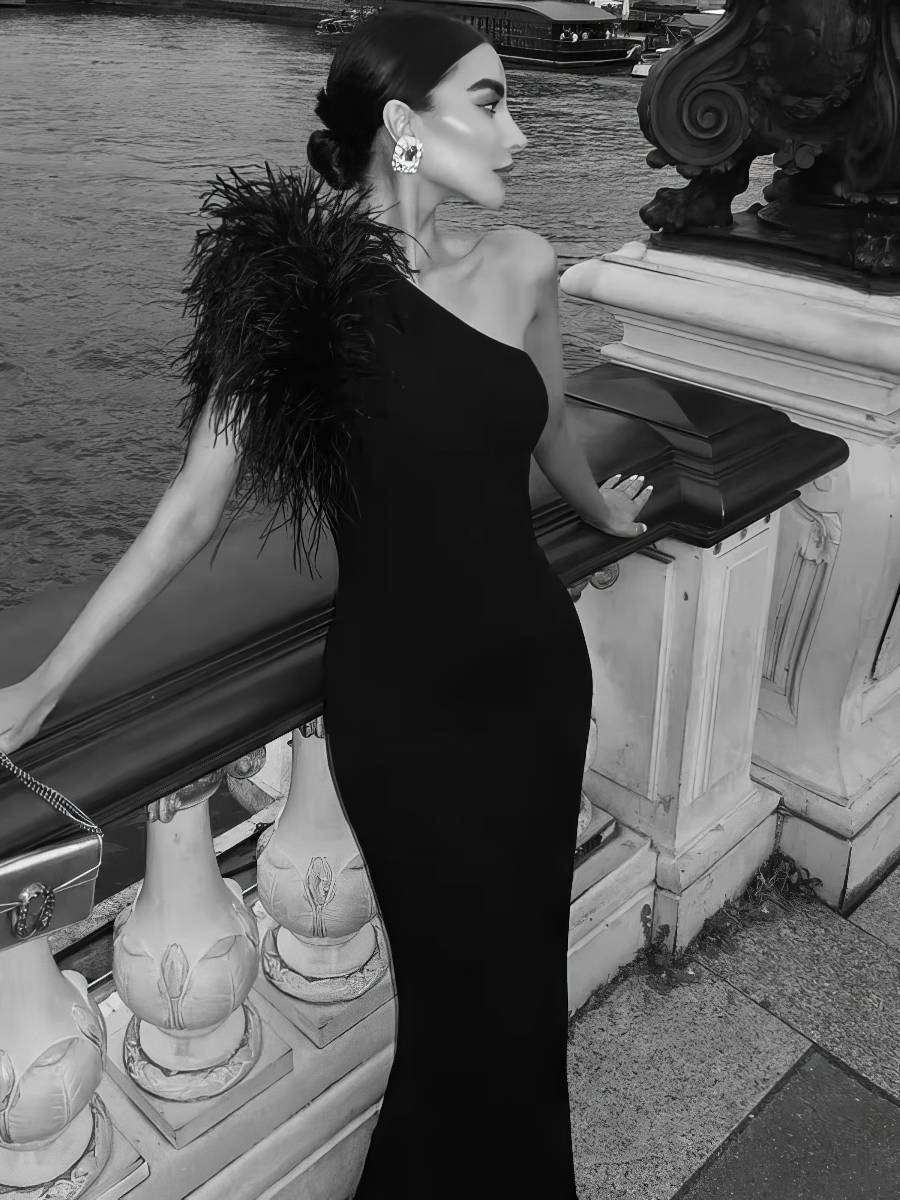 Robe Sirène Noire Asymétrique Épaule À Plumes Coupe Moulante Chic Soirée Robe Sirène Noire Asymétrique Épaule À Plumes Coupe Moulante Chic Soirée image 1