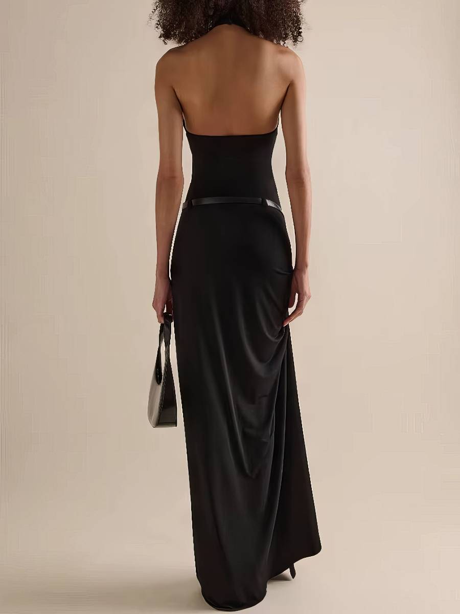 Robe Sirène Noire Chic Dos Nu Fendue Longue Élégante Col Haut Silhouette Sculptante Soirée Robe Sirène Noire Chic Dos Nu Fendue Longue Élégante Col Haut Silhouette Sculptante Soirée image 3