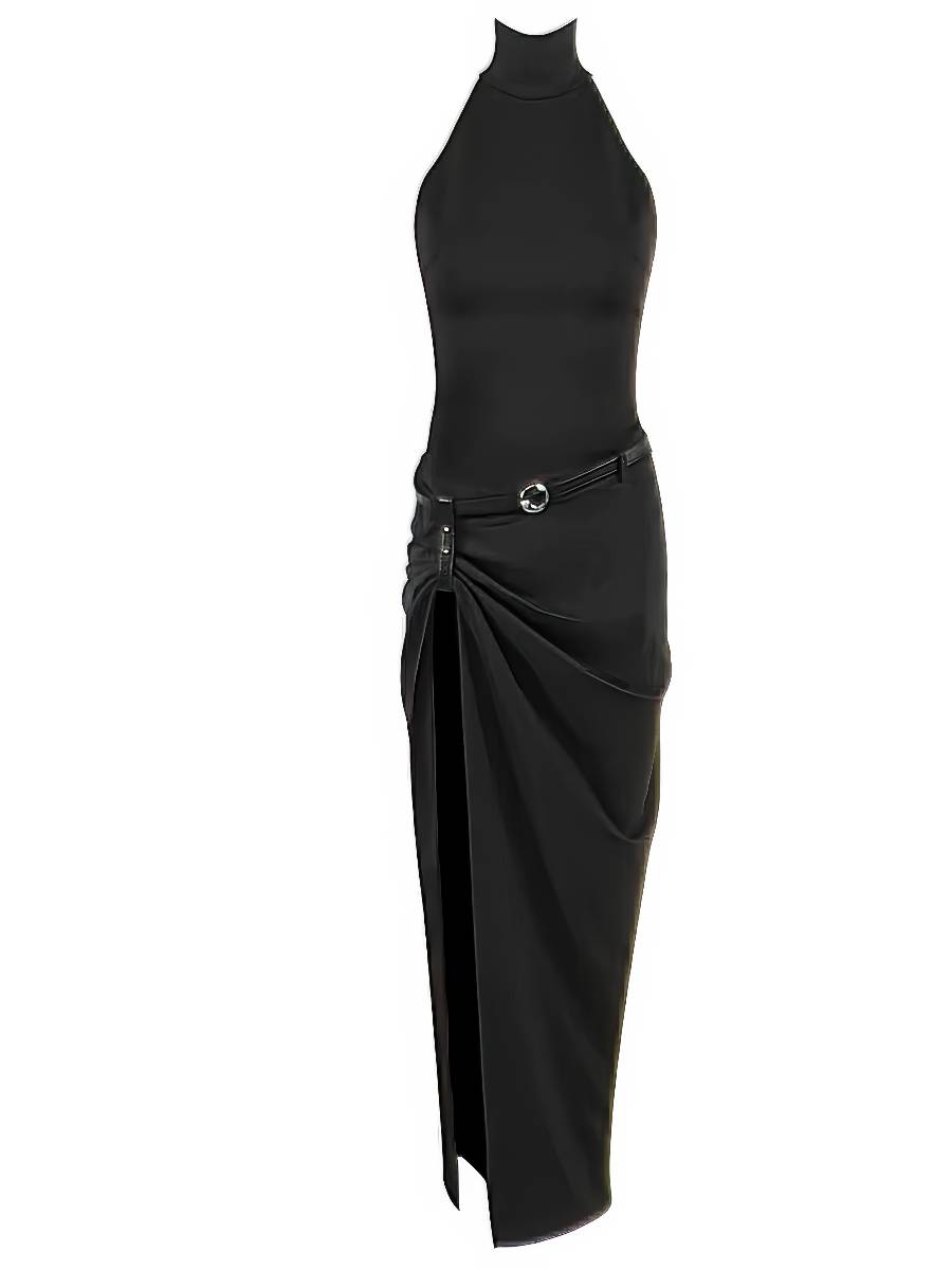 Robe Sirène Noire Chic Dos Nu Fendue Longue Élégante Col Haut Silhouette Sculptante Soirée Robe Sirène Noire Chic Dos Nu Fendue Longue Élégante Col Haut Silhouette Sculptante Soirée image 6