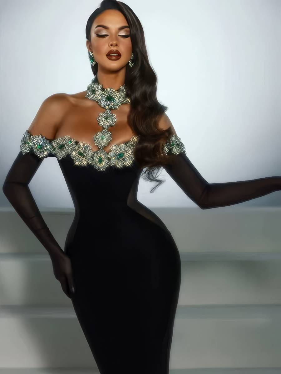 Robe Sirène Noire Maxi Moulante Col Bijoux Floral Émeraude Robe Sirène Noire Maxi Moulante Col Bijoux Floral Émeraude image 2
