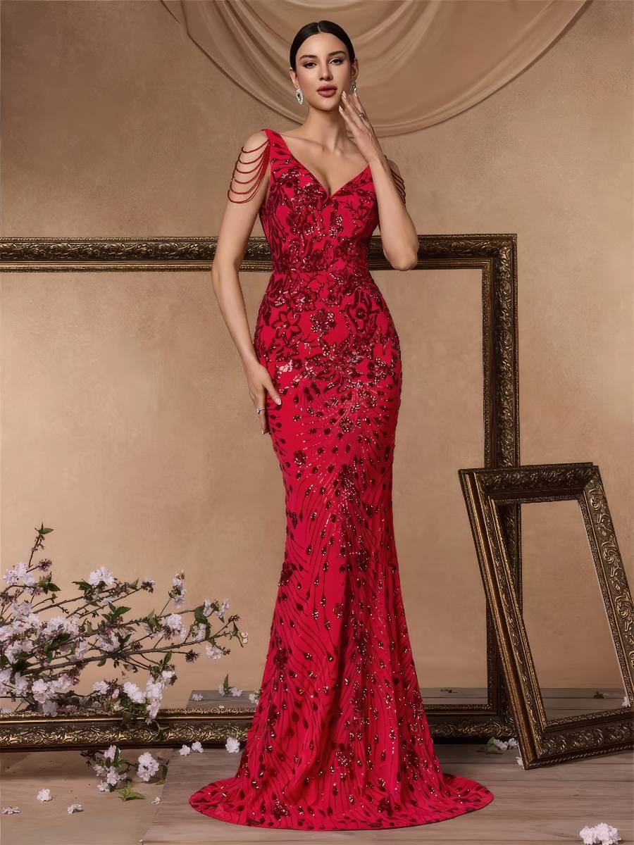 Robe Sirène Pailletée Fendue Bustier Glamour Soirée Élégante Velours Scintillant Robe Sirène Pailletée Fendue Bustier Glamour Soirée Élégante Velours Scintillant image 1