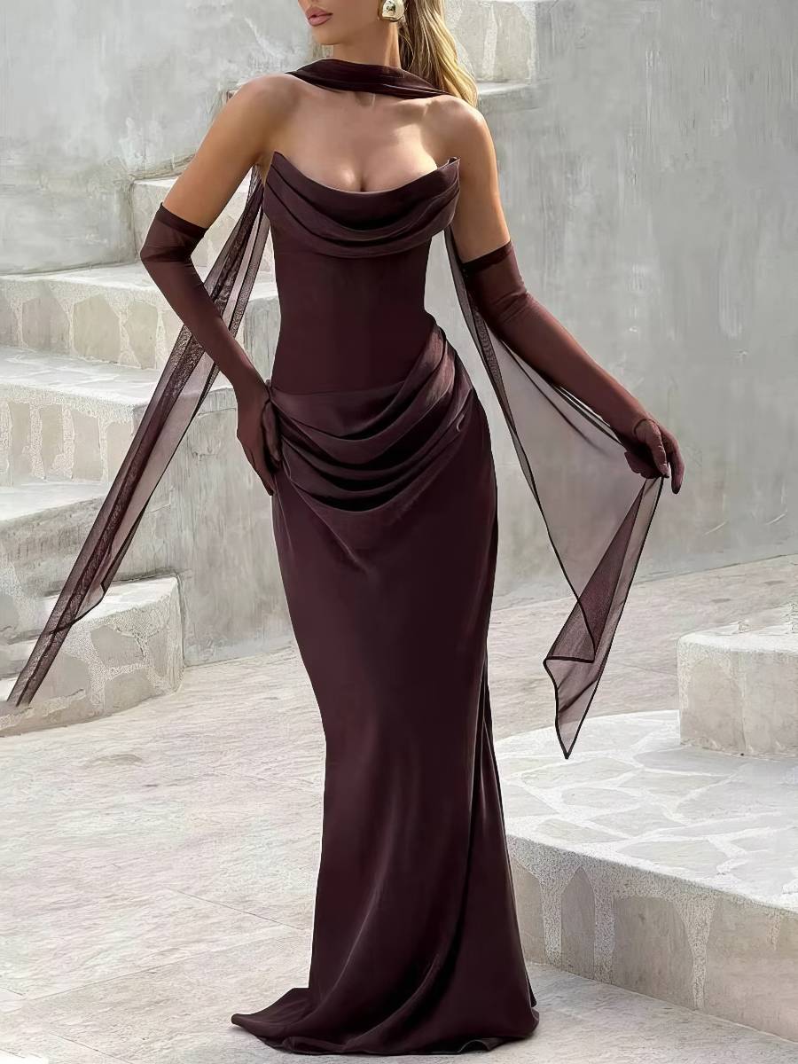 Robe Sirène Satin Marron Drapée Col Écharpe Dos Nu Robe Sirène Satin Marron Drapée Col Écharpe Dos Nu image 1