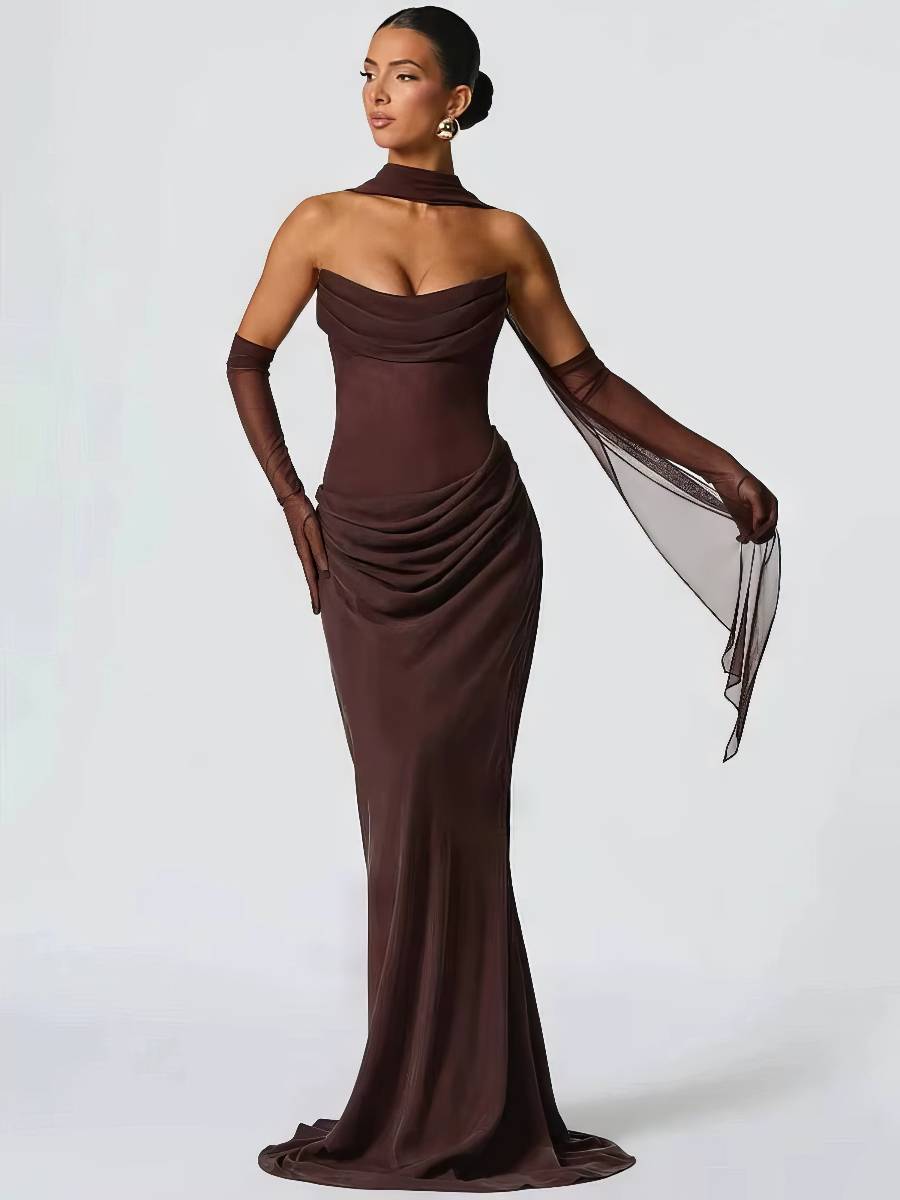 Robe Sirène Satin Marron Drapée Col Écharpe Dos Nu Robe Sirène Satin Marron Drapée Col Écharpe Dos Nu image 3
