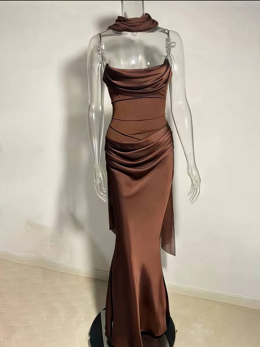 Robe Sirène Satin Marron Drapée Col Écharpe Dos Nu Robe Sirène Satin Marron Drapée Col Écharpe Dos Nu image 4