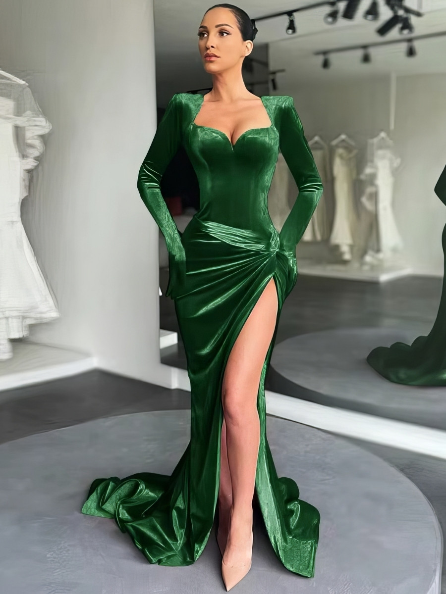 Robe Sirène Velours Manches Longues Gants Fente Haute Robe Sirène Velours Manches Longues Gants Fente Haute image 3