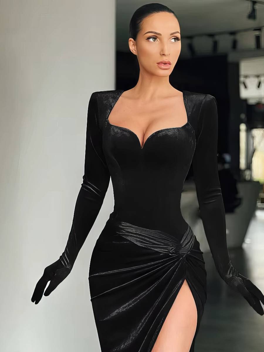 Robe Sirène Velours Manches Longues Gants Fente Haute Robe Sirène Velours Manches Longues Gants Fente Haute image 8